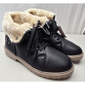 Olivia Miller Size 10 Black Faux Fur-lined Lace-up Boots with Buckle Accents